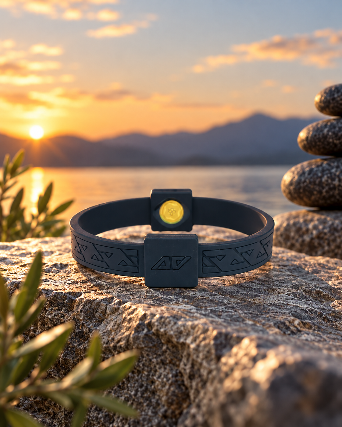 AV Edge polsband op een rots met zonsondergang en gestapelde stenen op de achtergrond
